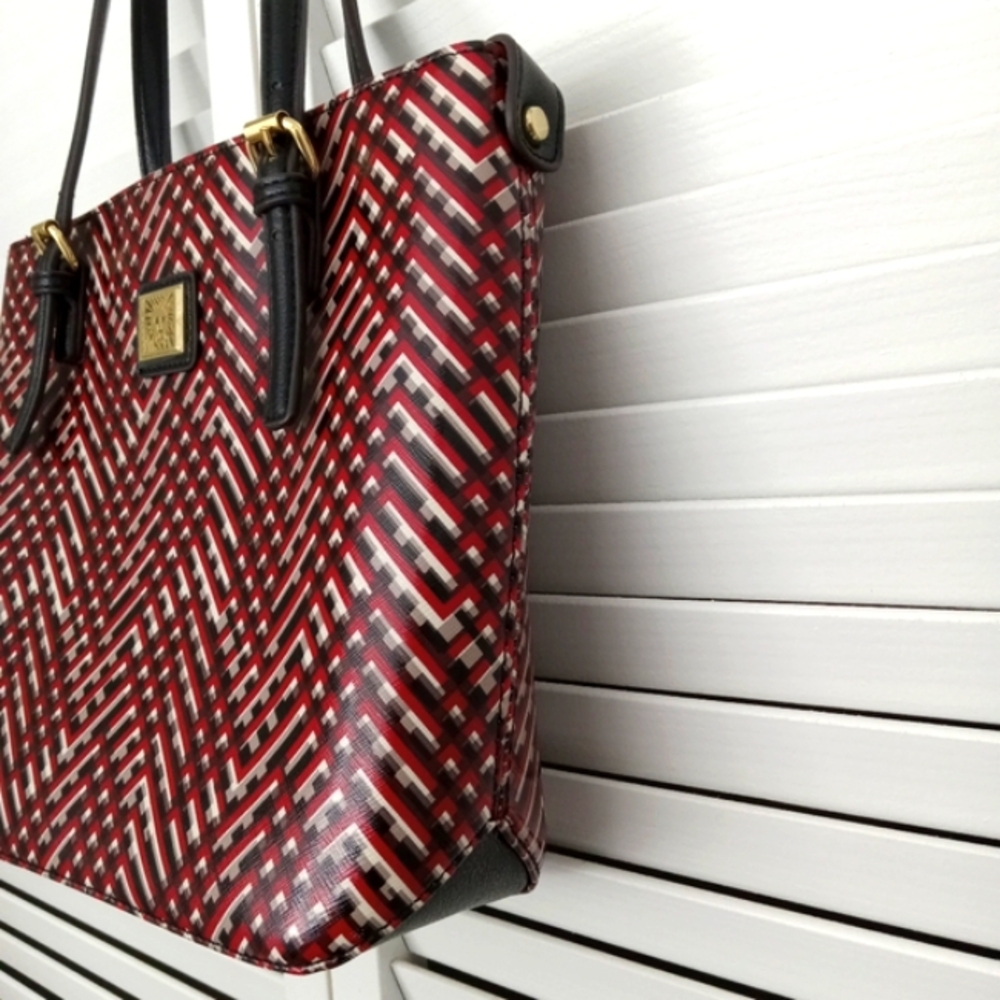 ANNE KLEIN Faux Leather Red Black White Lattice Pattern Tote Shoulderbag - Picture 9 of 14